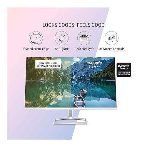 Hp M27fwa 27-Inch(68.6cm) Eye Safe Certified 1920 x 1080 Pixels Full HD IPS 3-Sided Micro-Edge LED Monitor, 75Hz, AMD FreeSync with 1xVGA, 2xHDMI 1.4 Ports, 300 nits, in-Built Speakers, Silver