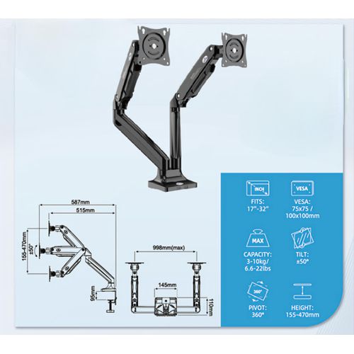 Double arm monitor Desktop Mount for 17" to 32"